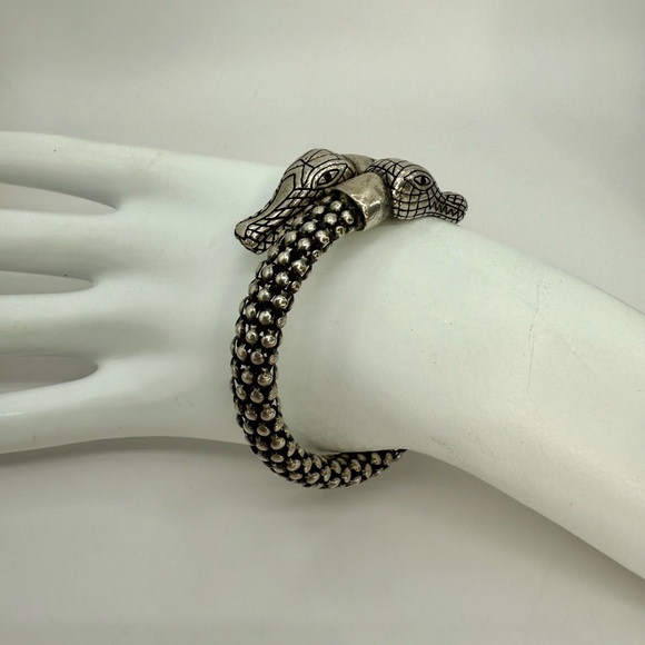 Vintage Silver-Tone Double Alligator Head Bracelet Bead Coil w Rhinestone Eyes - Picture 6 of 17